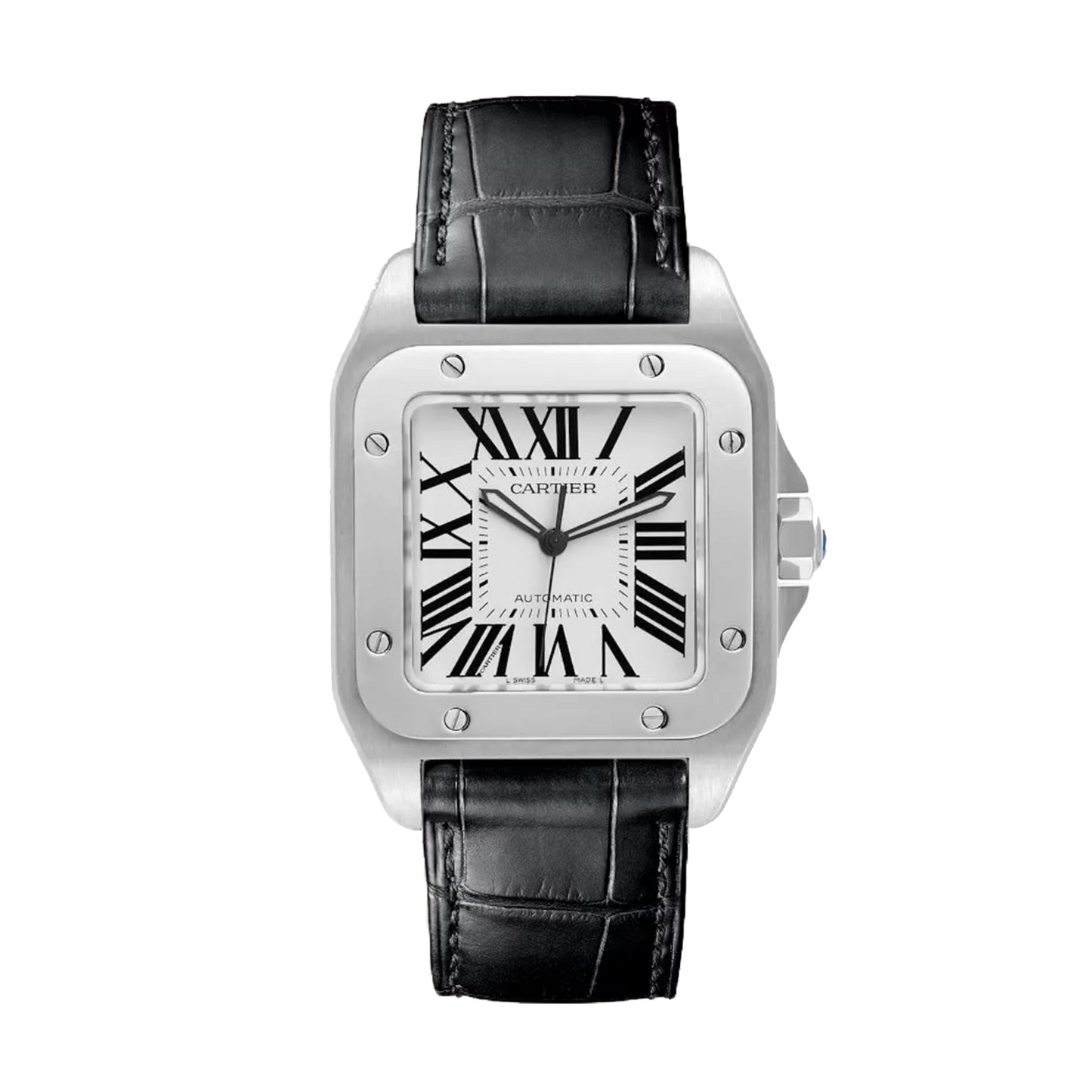 Cartier Santos 100 XL W20073X8 steel watch with silver dial and black leather strap