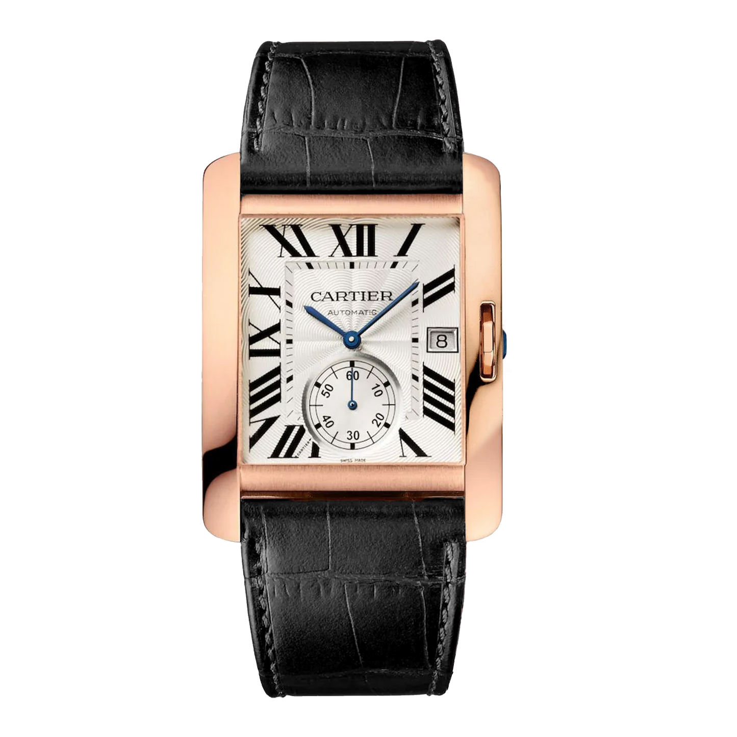 Cartier Tank Anglaise 3504 rose gold watch with silver guilloché dial and black leather strap