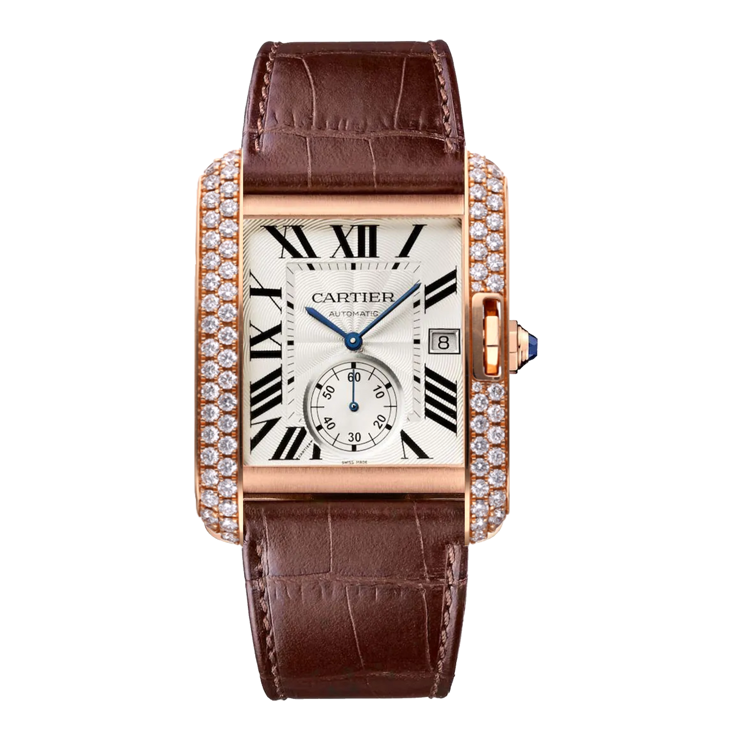 Cartier Tank Anglaise 3504 rose gold diamond watch with silver dial and brown leather strap