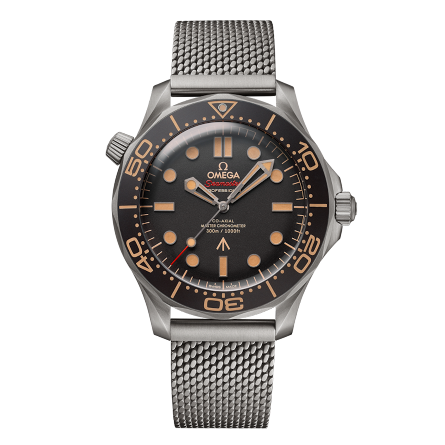 Omega Seamaster Diver 300M 007 Edition 210.90.42.20.01.001 titanium watch with brown dial and titanium mesh bracelet