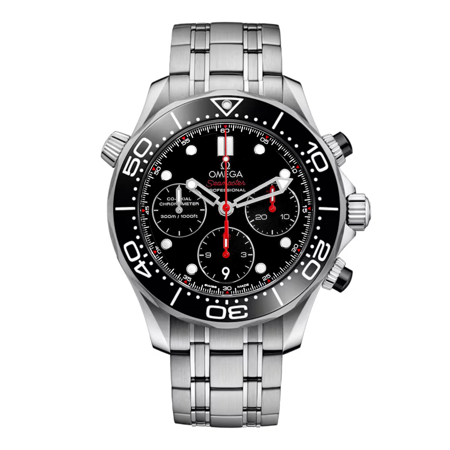 Omega Seamaster Diver 300M Chronograph 212.30.42.50.01.001 stainless steel watch with black ceramic wave dial and steel bracelet