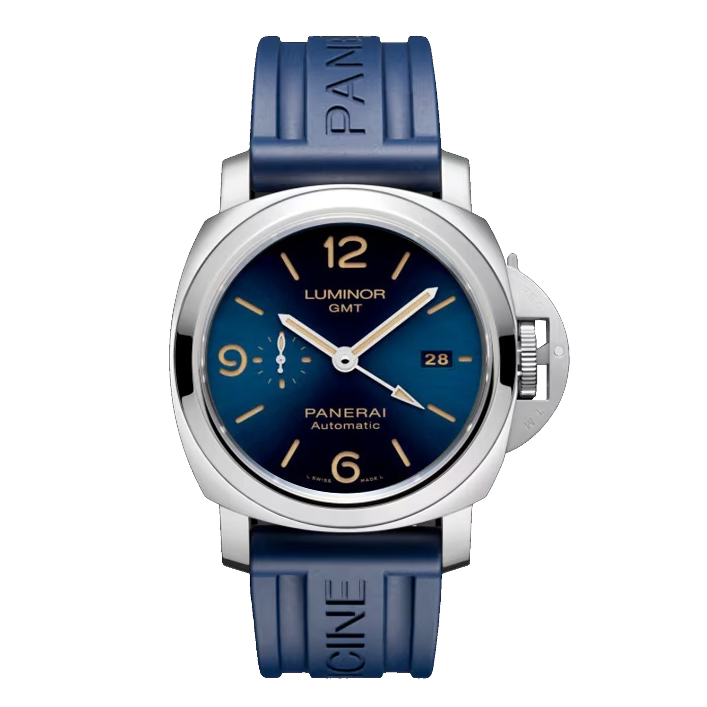Panerai Luminor 1950 3 Days GMT PAM01033 steel watch with blue dial and blue rubber strap