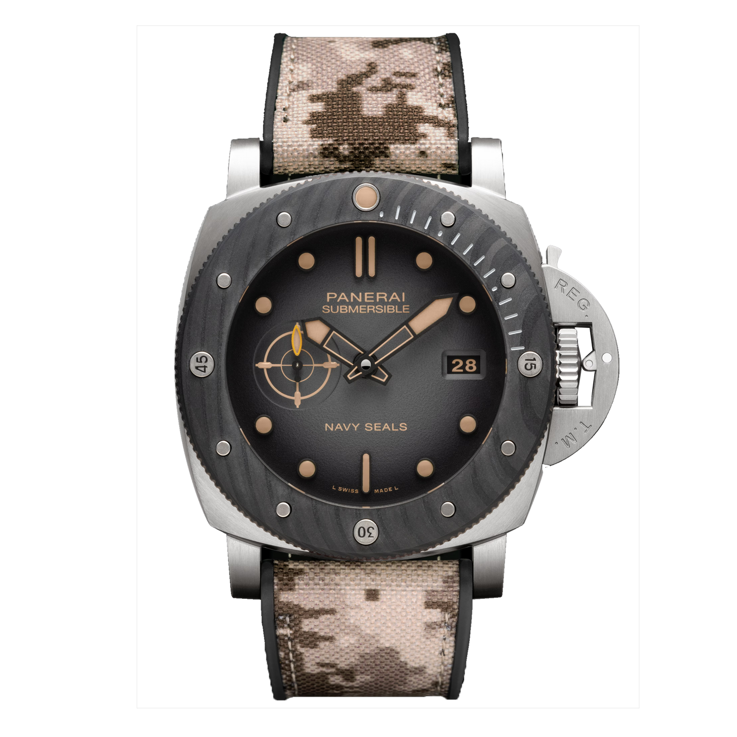 Panerai Submersible Navy SEALs GMT PAM01323 steel watch with anthracite dial and camo strap