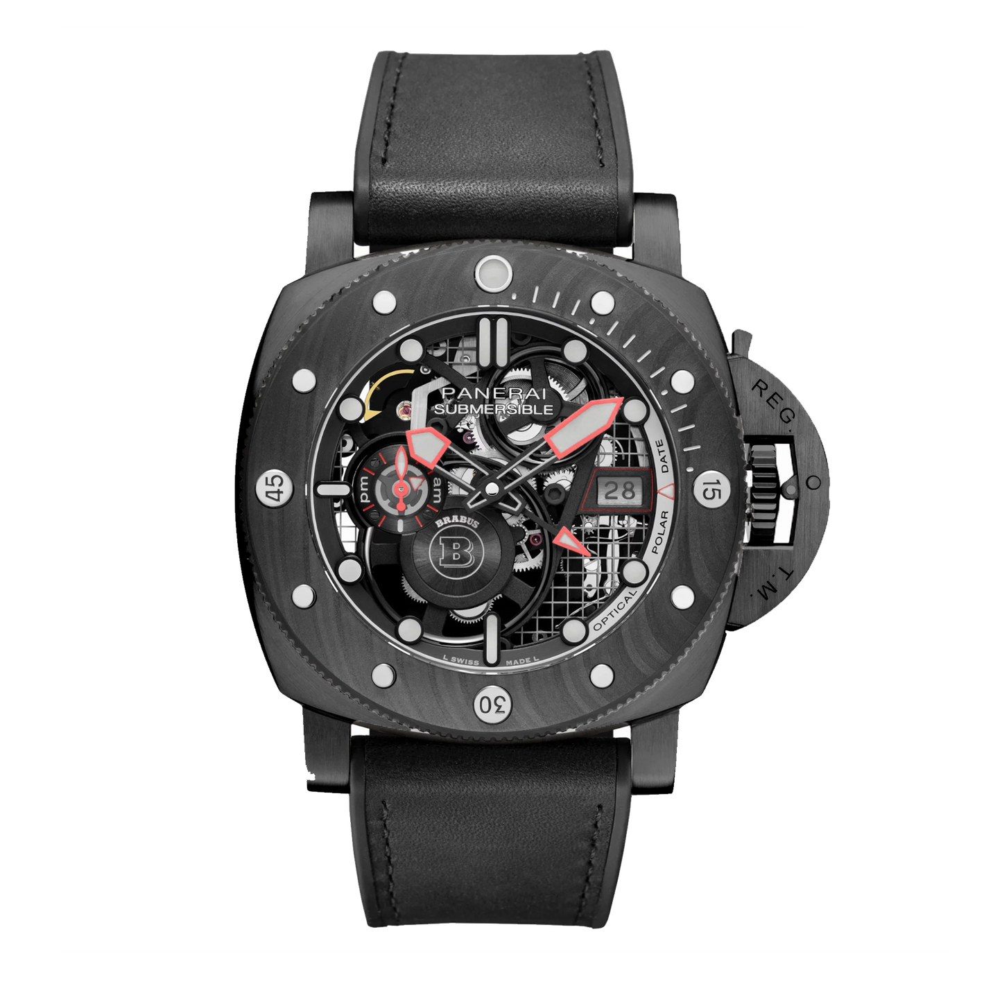 Panerai Submersible S Brabus Black Ops PAM01240 Carbotech watch with skeleton dial and black strap