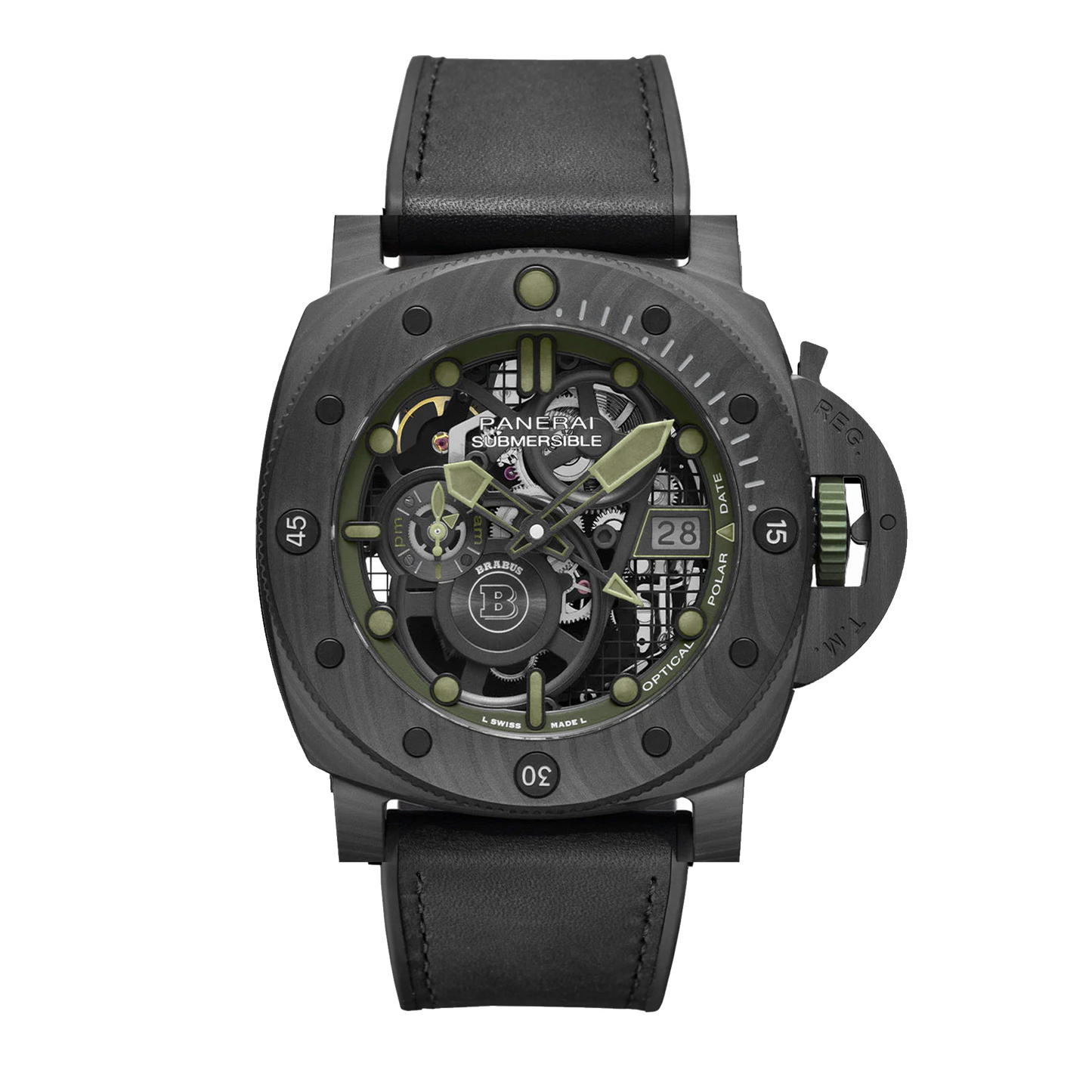 Panerai Submersible S BRABUS Verde Militare PAM01283 Carbotech watch with skeleton dial and black strap
