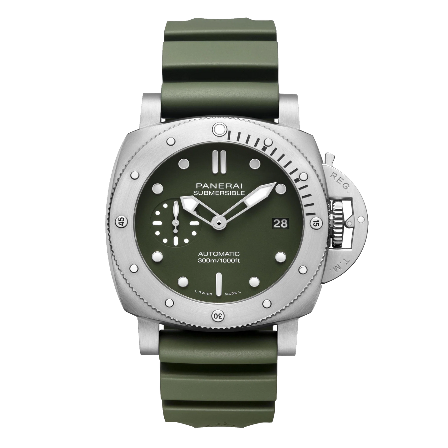 Panerai Submersible Verde Militare PAM01055 steel watch with green dial and green rubber strap