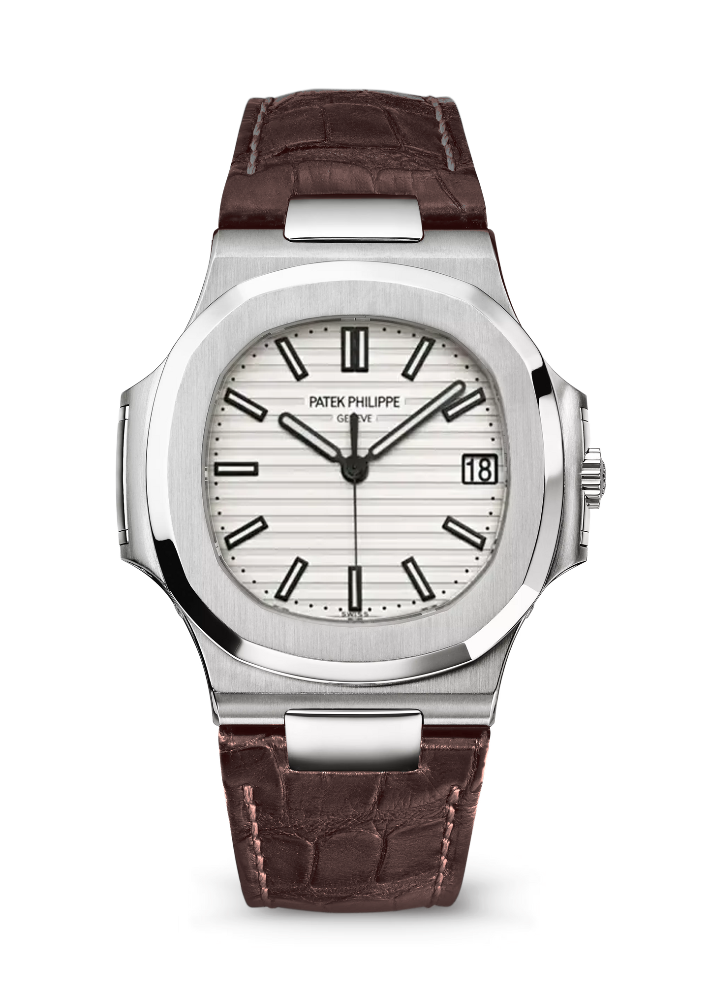 Patek Philippe Nautilus 5711/1A-011 stainless steel watch with white dial and dark brown strap