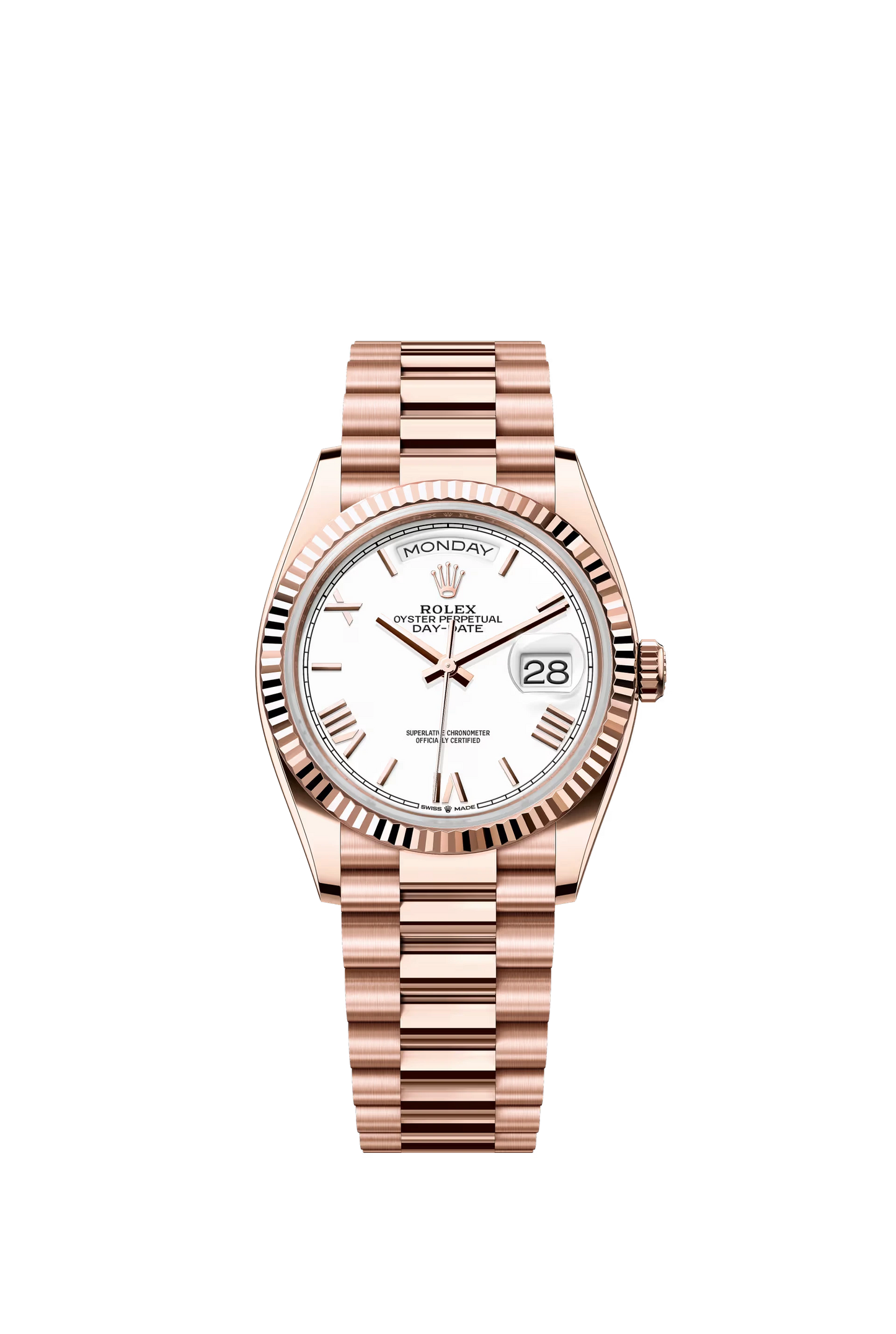 Rolex Day Date 36 Everose Gold White Roman Dial 128235