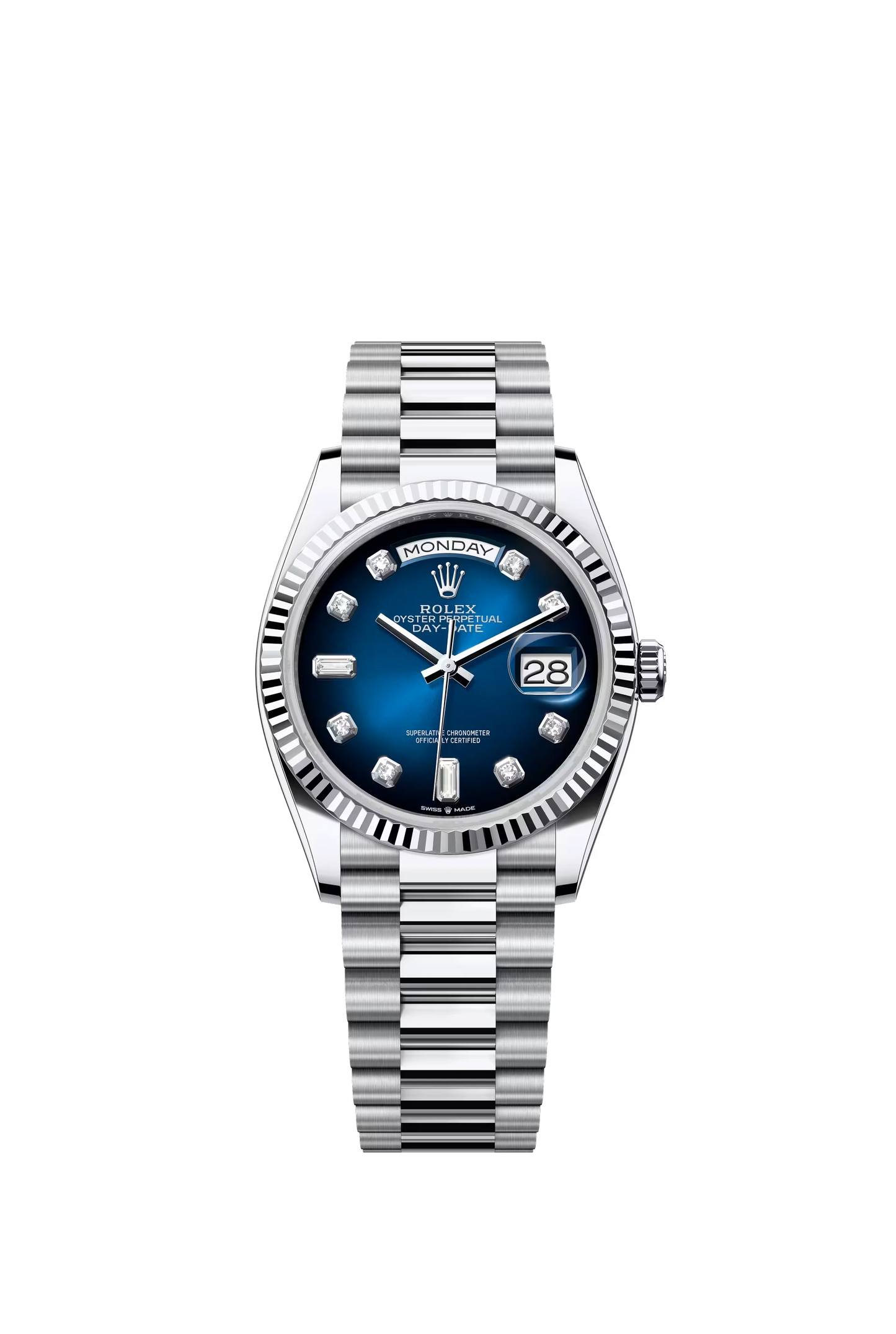 Rolex Day Date 36 mm Platinum Blue Ombre Dial Diamond Markers Ref. 128236