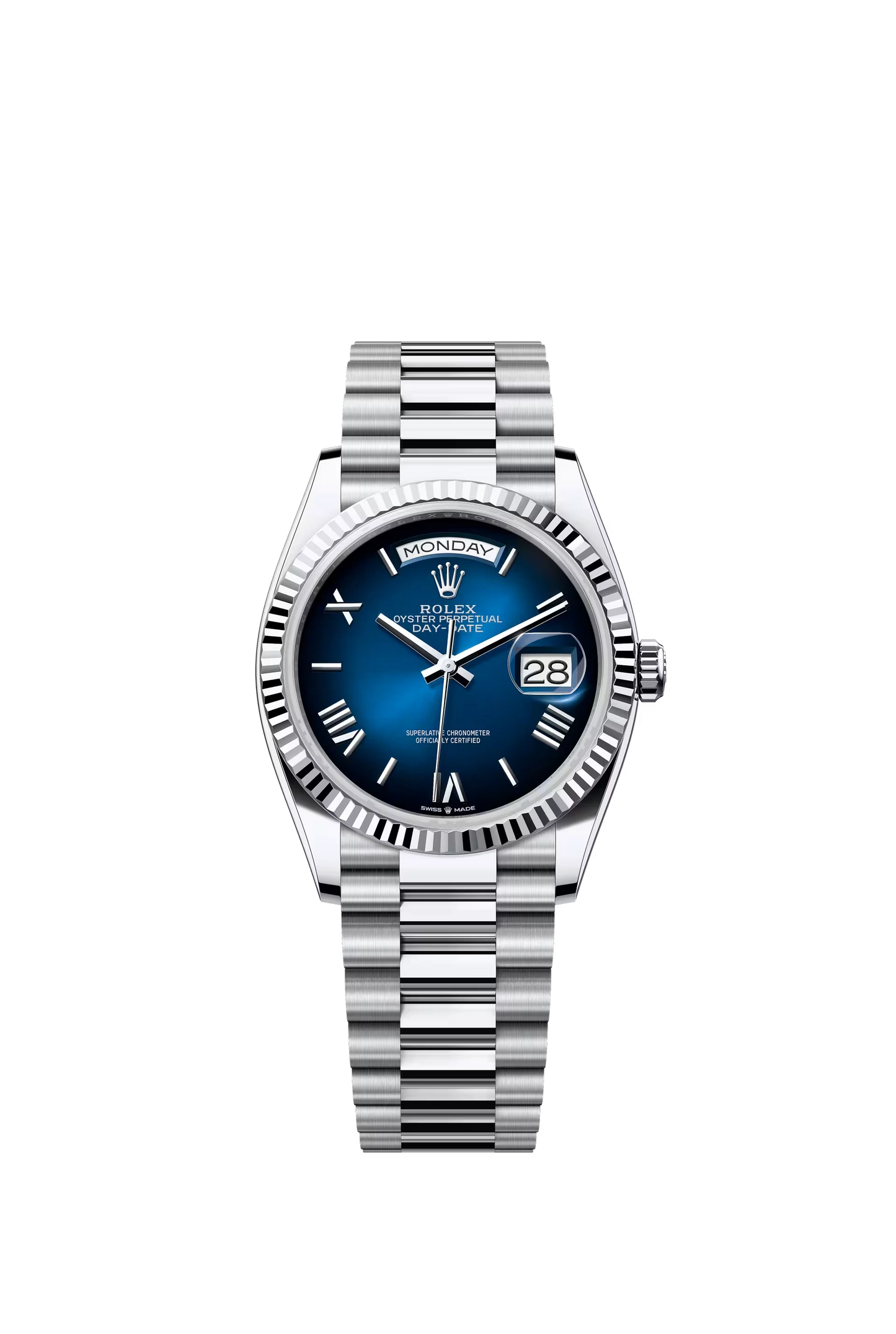 Rolex Day Date 36 mm Platinum Blue Ombre Dial Roman Markers Ref. 128236