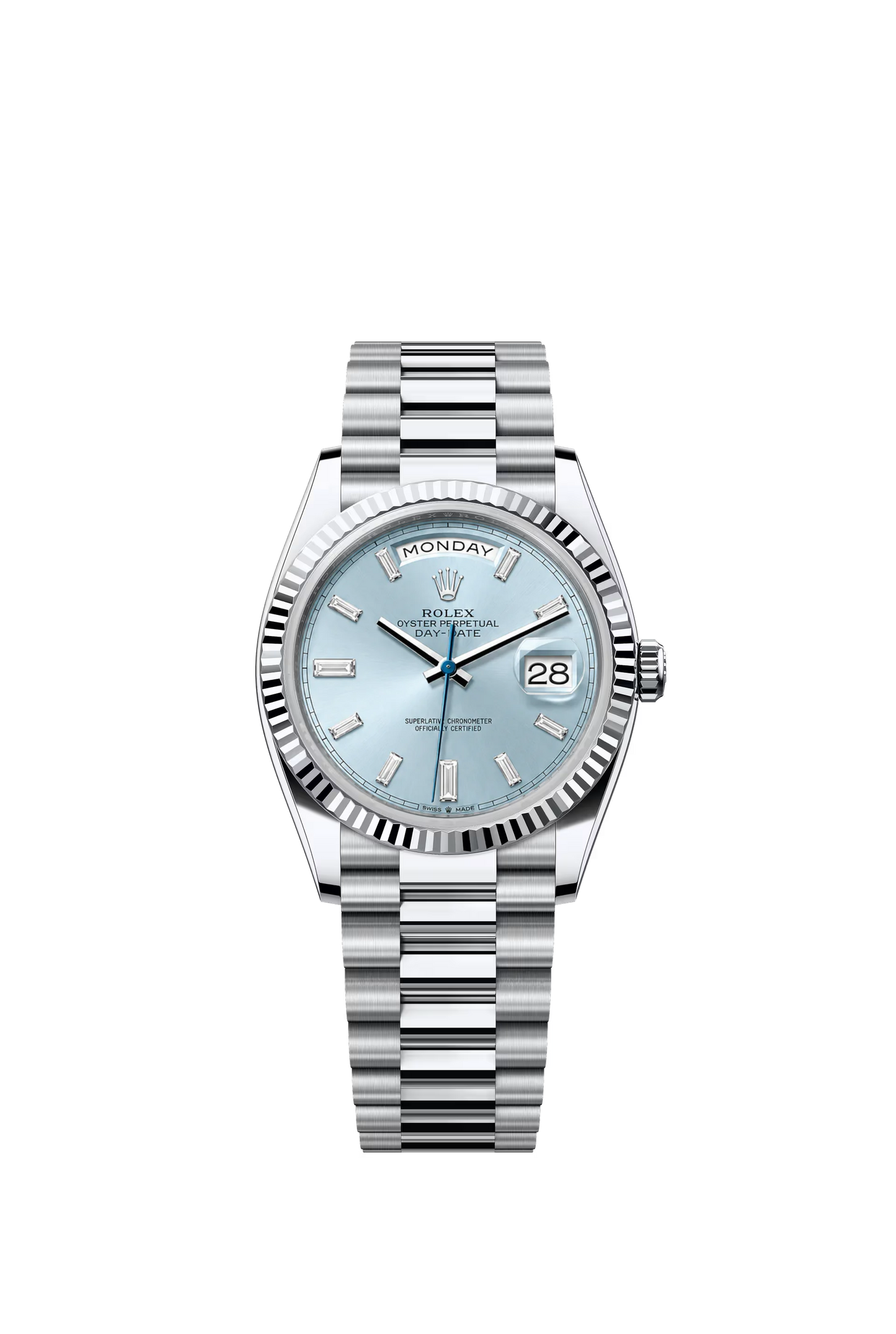 Rolex Day Date 36 mm PT Ice Blue Dial Diamond Markers Ref. 128236