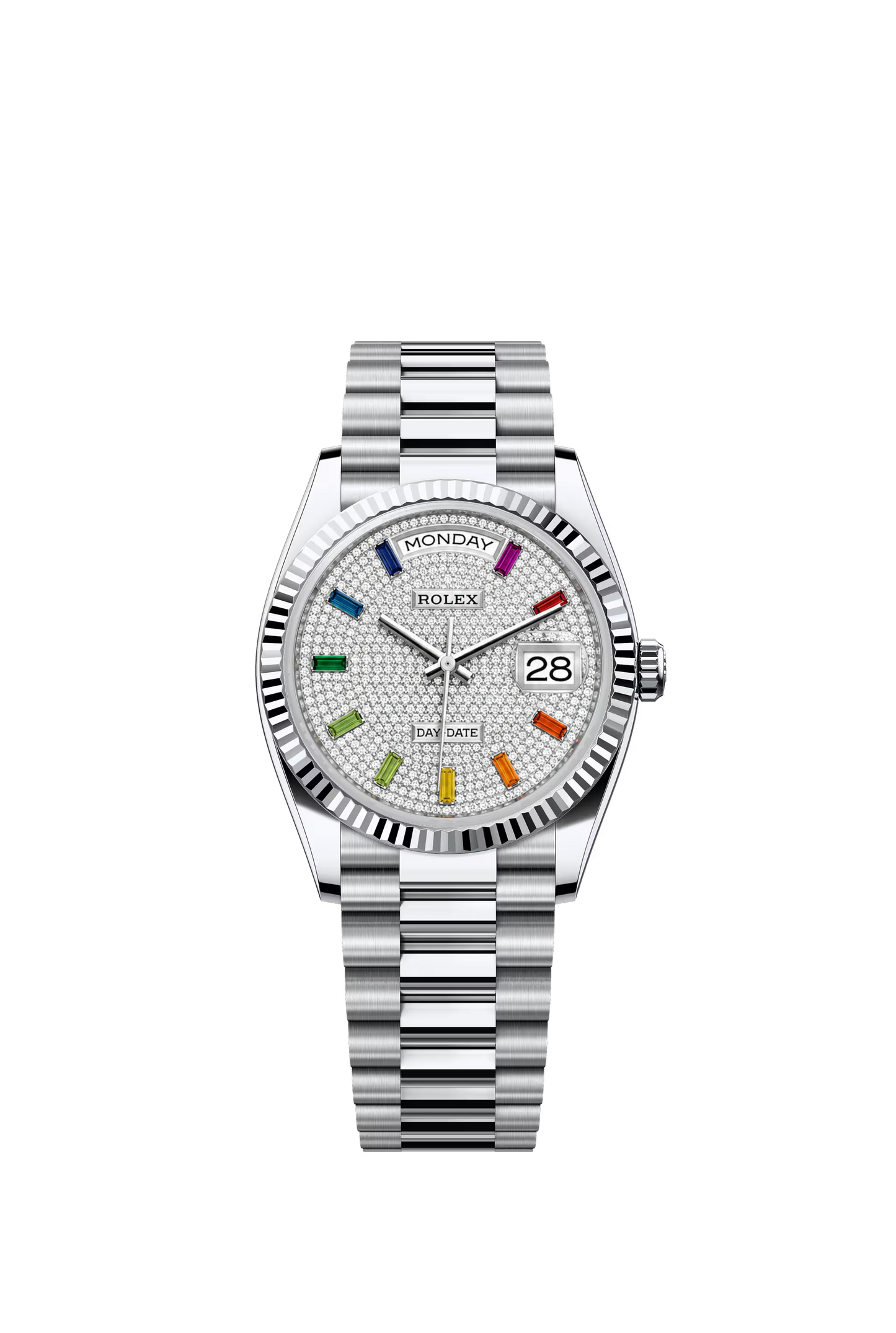 Rolex Day Date 36 mm White Gold Diamond Paved Dial Rainbow Markers Ref. 128239