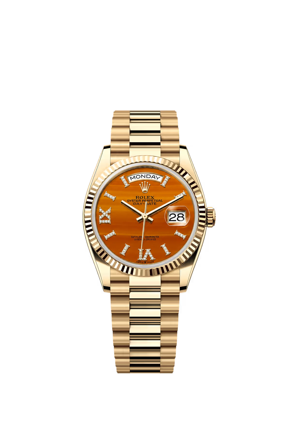 Rolex Day Date 36 mm Yellow Gold Orange Dial Diamond Roman Markers Ref. 128238