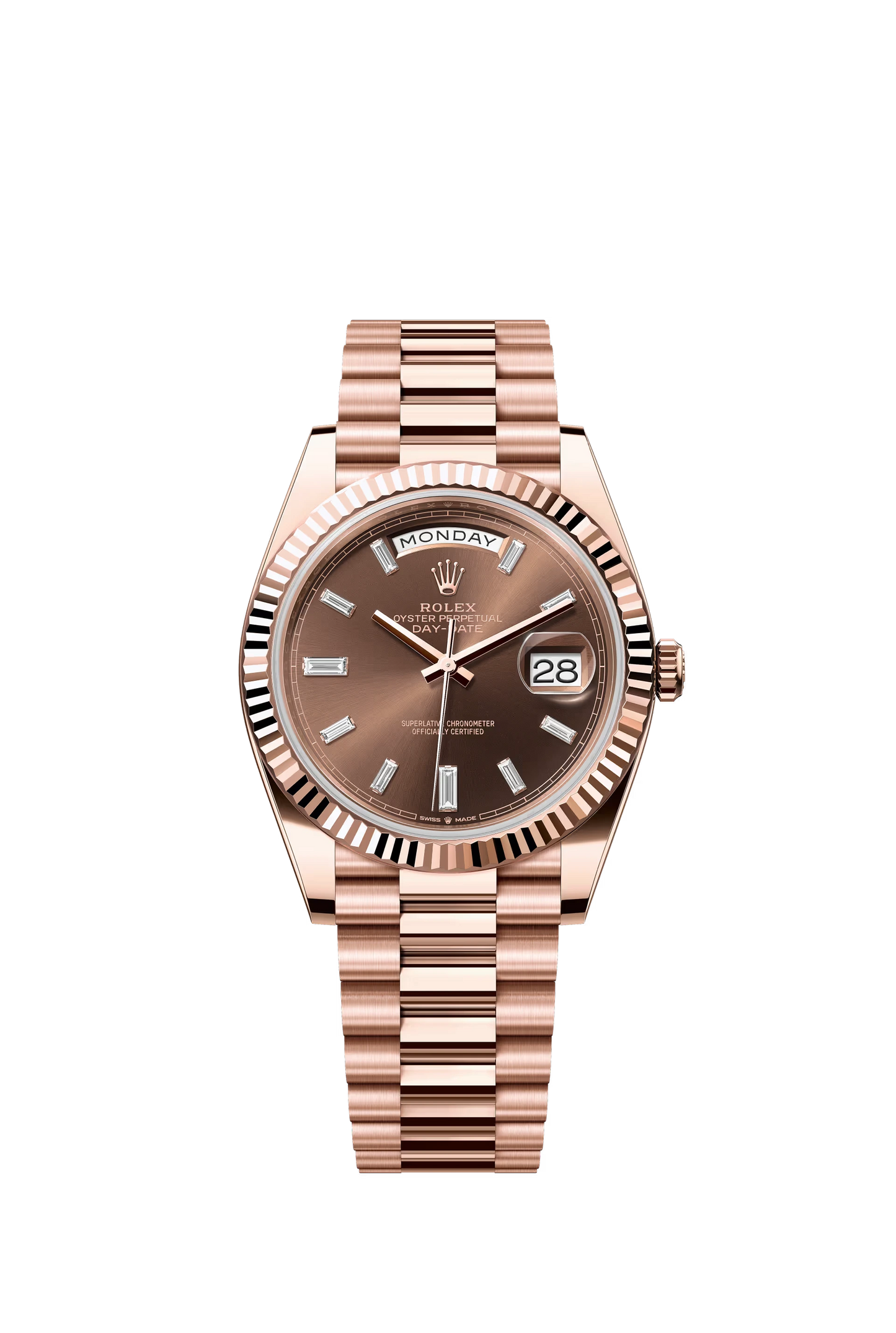 Rolex Day Date 40 Everose Gold Brown Dial Baguette Diamond Markers President Bracelet Ref. 228235