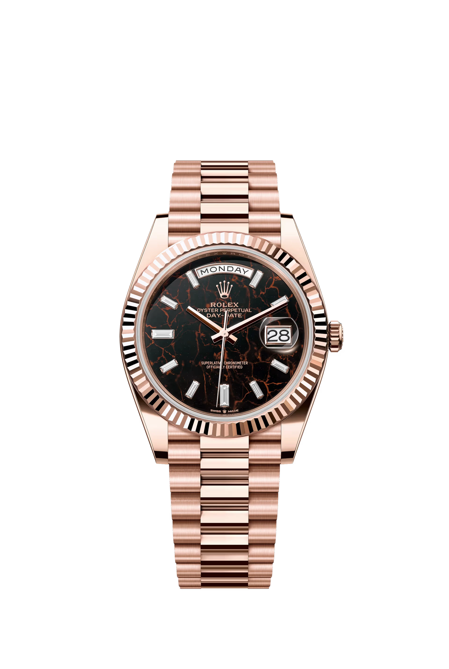 Rolex Day Date 40 Everose Gold Eisenkiesel Dial Baguette Diamond Markers President Bracelet Ref. 228235