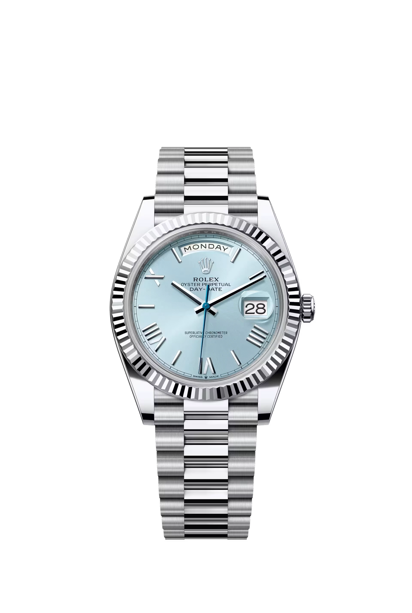 Rolex Day Date 40 Platinum Ice Blue Dial Roman Markers President Bracelet Ref. 228236