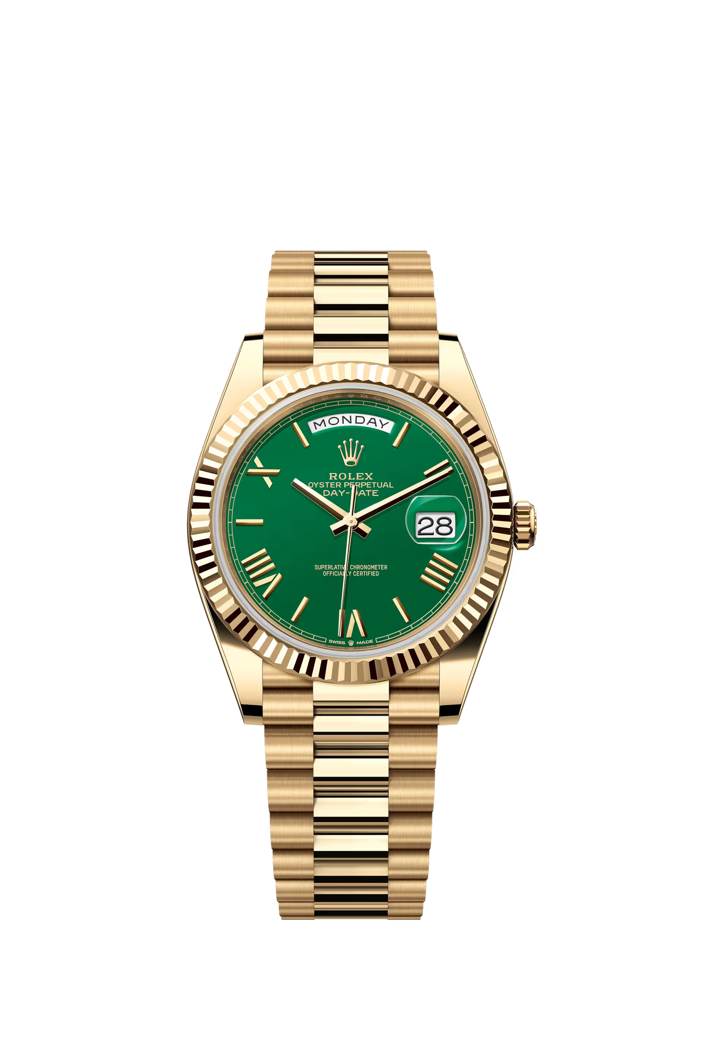 rolex-day-date-40-yellow-gold-green-dial-roman-markers-228238