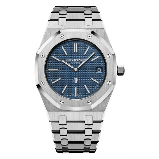 Audemars Piguet Royal Oak Jumbo Extra-Thin 15202ST.OO.1240ST.01 stainless steel watch with blue Petite Tapisserie dial