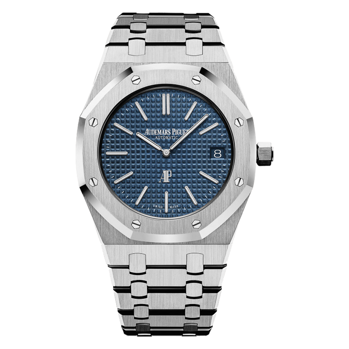 Audemars Piguet Royal Oak Jumbo Extra-Thin 15202ST.OO.1240ST.01 stainless steel watch with blue Petite Tapisserie dial