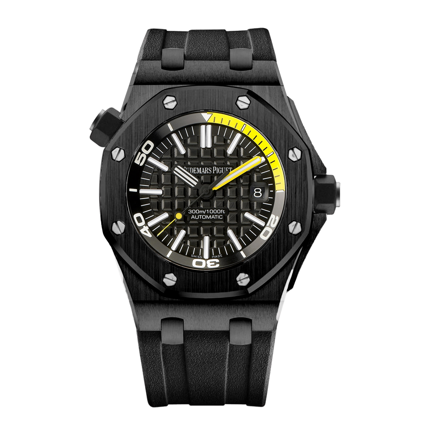 Audemars Piguet Royal Oak Offshore Diver 15707CE.OO.A002CA.01 black ceramic watch with yellow accents and black rubber strap