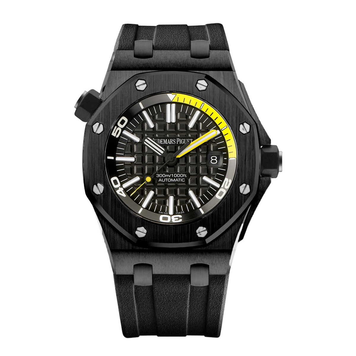 Audemars Piguet Royal Oak Offshore Diver 15707CE.OO.A002CA.01 black ceramic watch with yellow accents and black rubber strap