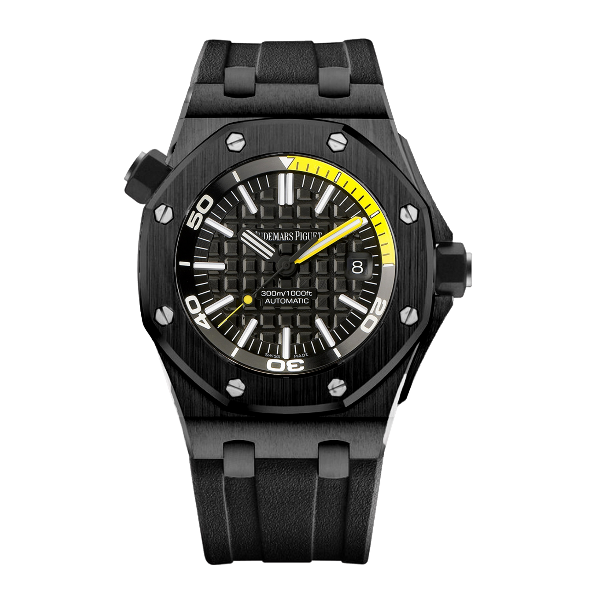 Audemars Piguet Royal Oak Offshore Diver 15707CE.OO.A002CA.01 black ceramic watch with yellow accents and black rubber strap