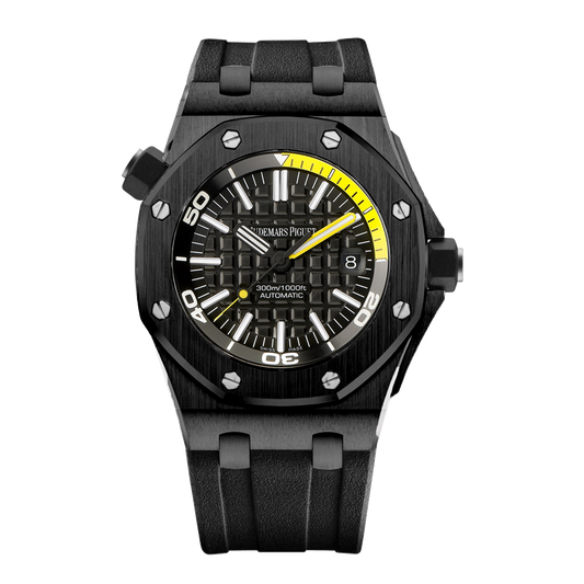 Audemars Piguet Royal Oak Offshore Diver 15707CE.OO.A002CA.01 black ceramic watch with yellow accents and black rubber strap