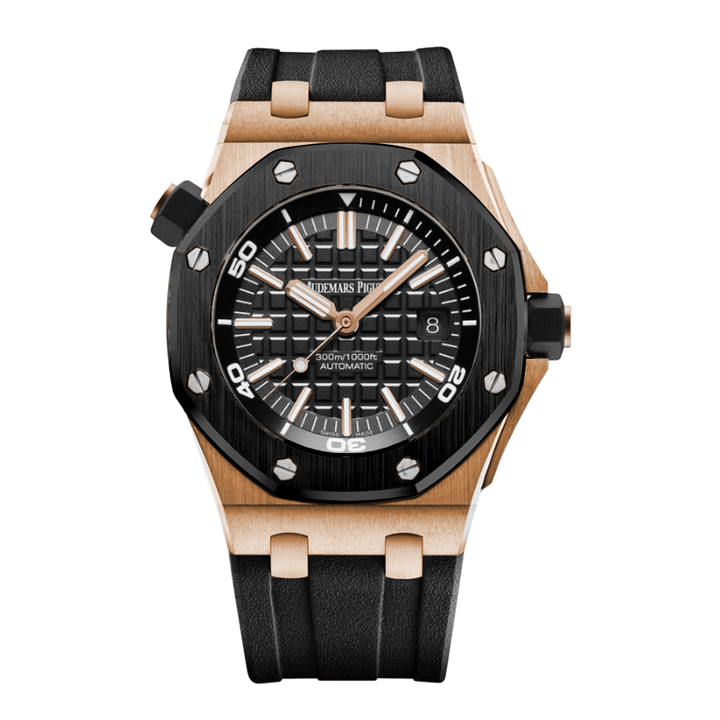 Audemars Piguet Royal Oak Offshore Diver 15710OR.OO.A002CA.01 pink gold watch with black ceramic bezel black dial and rubber strap