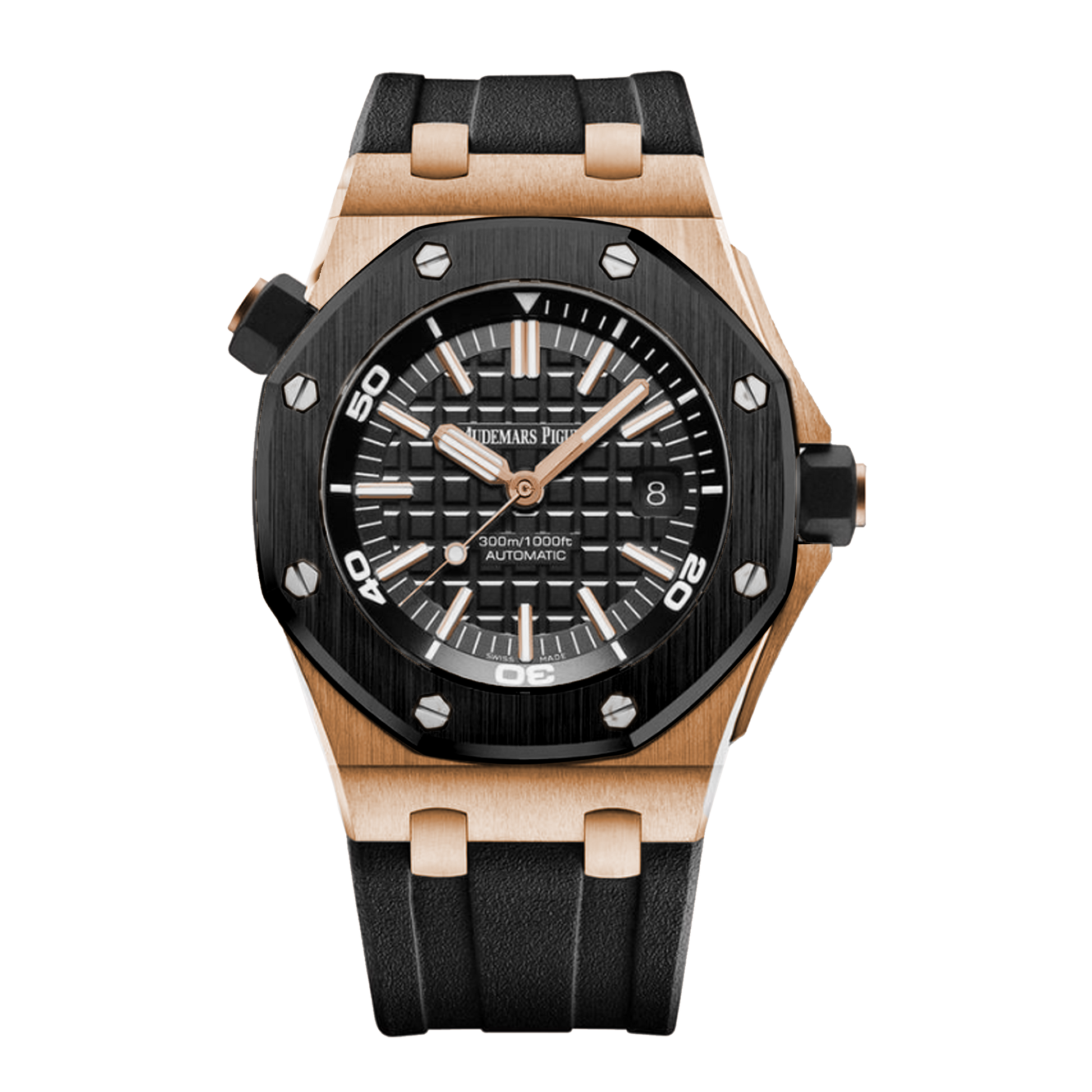Audemars Piguet Royal Oak Offshore Diver 15710OR.OO.A002CA.01 pink gold watch with black ceramic bezel black dial and rubber strap