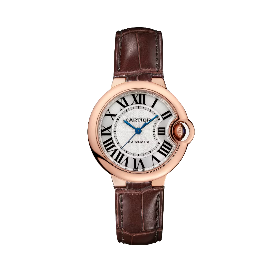 Cartier Ballon Bleu de Cartier 33mm rose gold watch with silver dial and brown leather strap