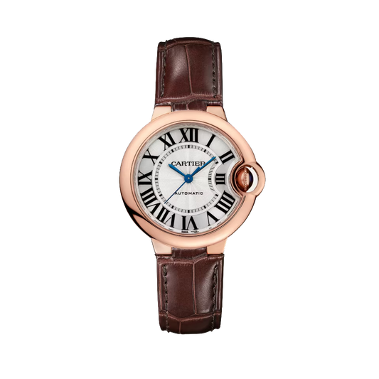 Cartier Ballon Bleu de Cartier 33mm rose gold watch with silver dial and brown leather strap