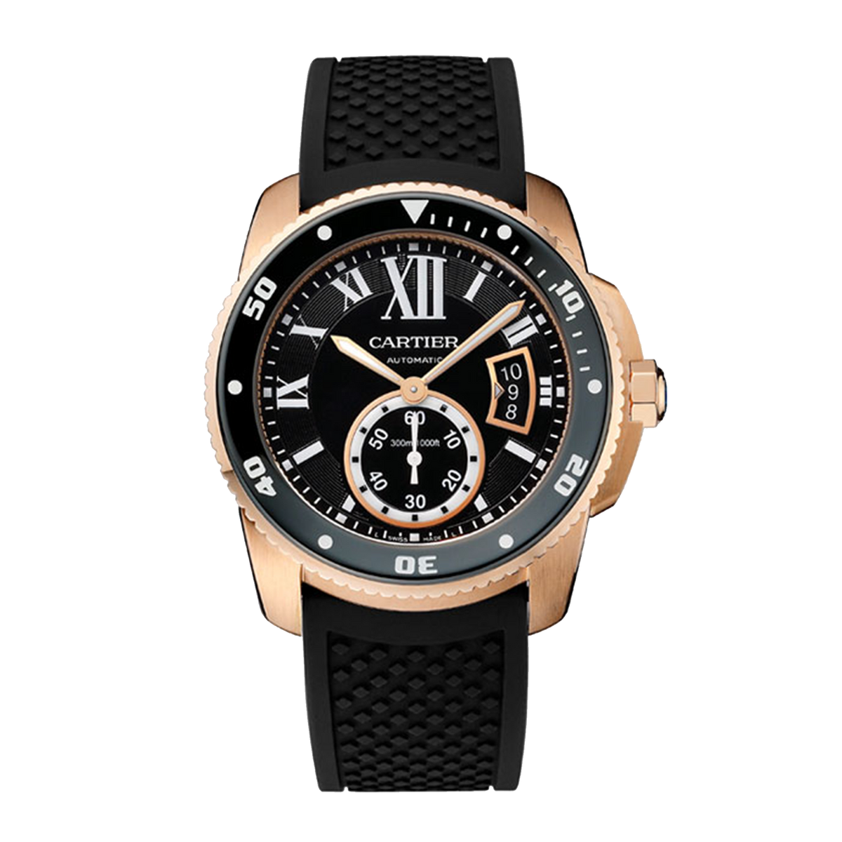 Cartier Calibre de Cartier Diver W7100052 rose gold watch with black dial and black rubber strap