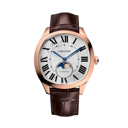 Cartier Drive de Cartier Moon Phases WGNM0008 pink gold watch with silver dial moonphase and brown leather strap