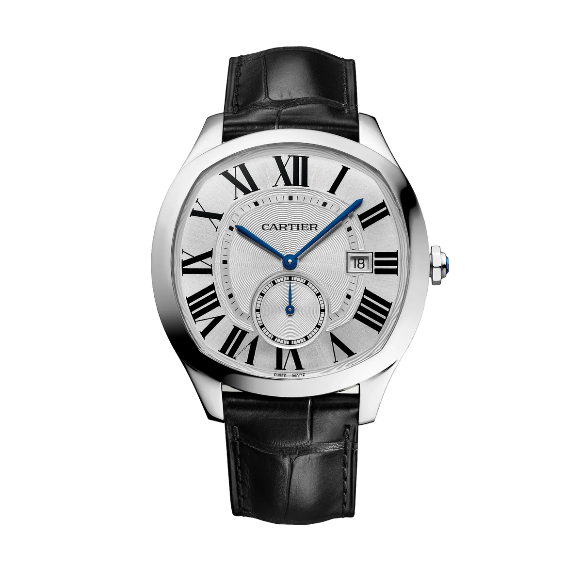 Cartier Drive de Cartier WSNM0004 stainless steel watch with silver guilloche dial small seconds and black leather strap