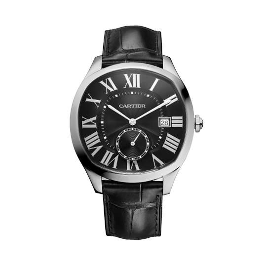 Cartier Drive de Cartier WSNM0009 stainless steel watch with black dial small seconds and black leather strap