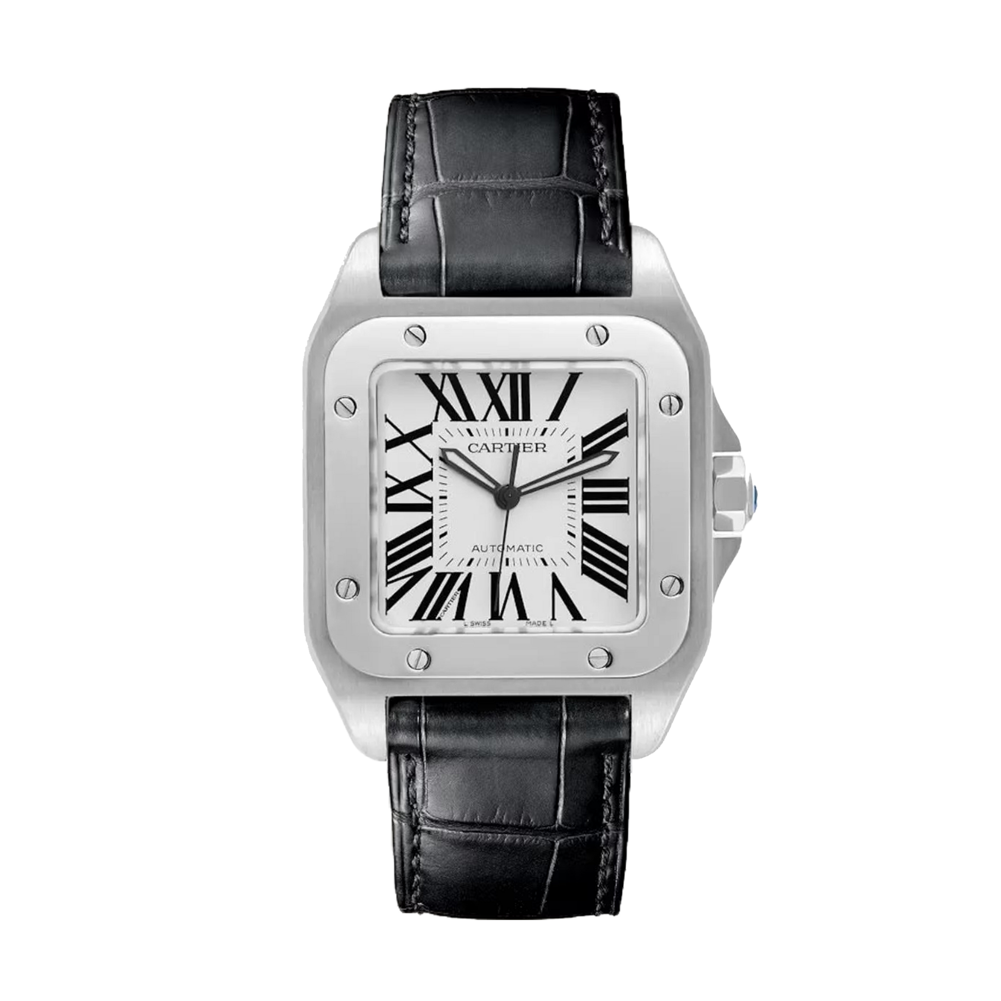 Cartier Santos 100 XL W20073X8 steel watch with silver dial and black leather strap