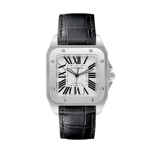 Cartier Santos 100 XL W20073X8 steel watch with silver dial and black leather strap