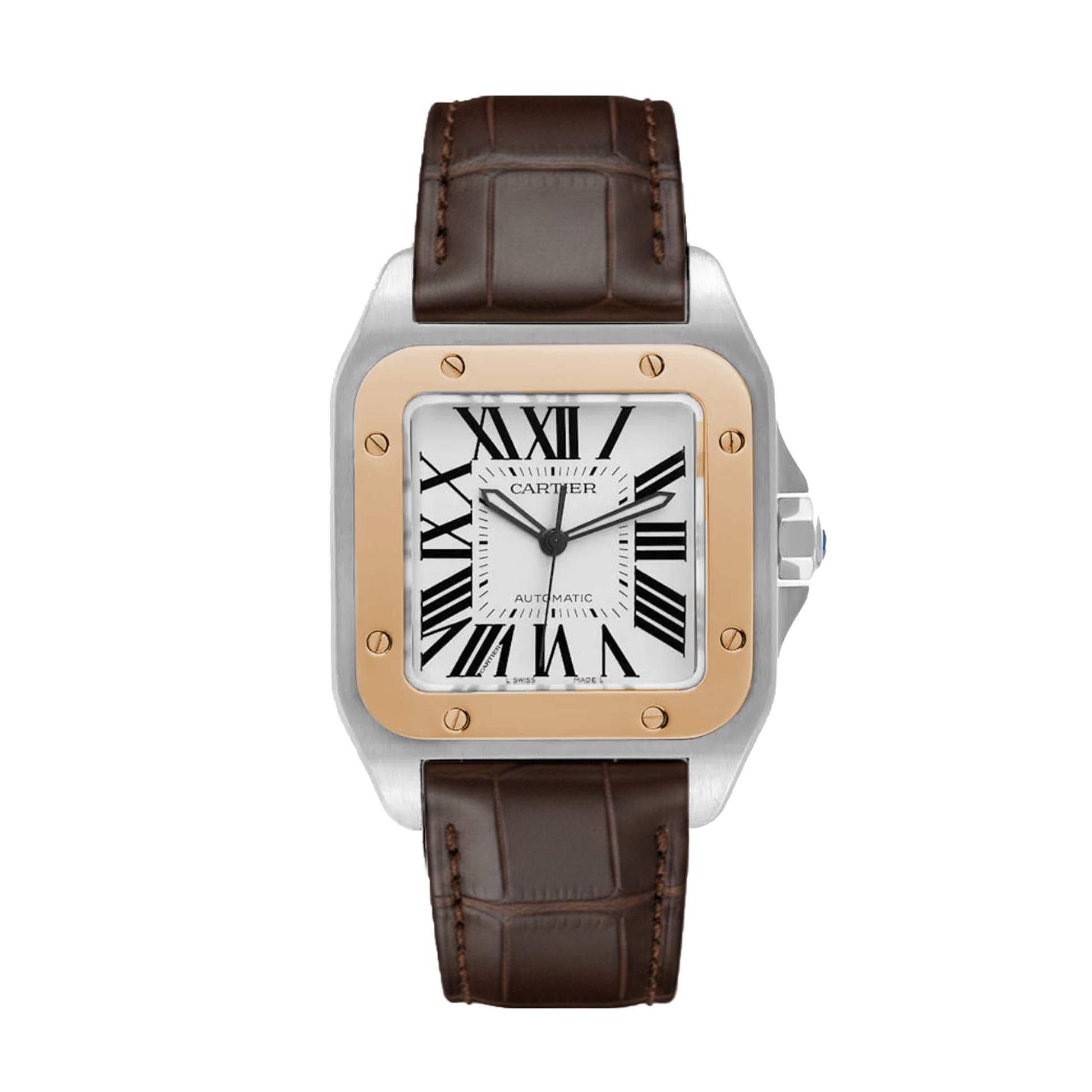 Cartier Santos 100 XL W20107X7 σε steel & 18K yellow gold με silver dial, brown leather strap, automatic movement και iconic Santos design.