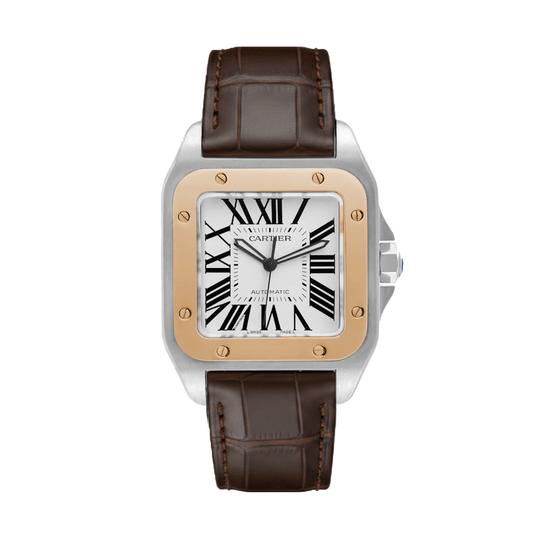 Cartier Santos 100 XL W20107X7 σε steel & 18K yellow gold με silver dial, brown leather strap, automatic movement και iconic Santos design.