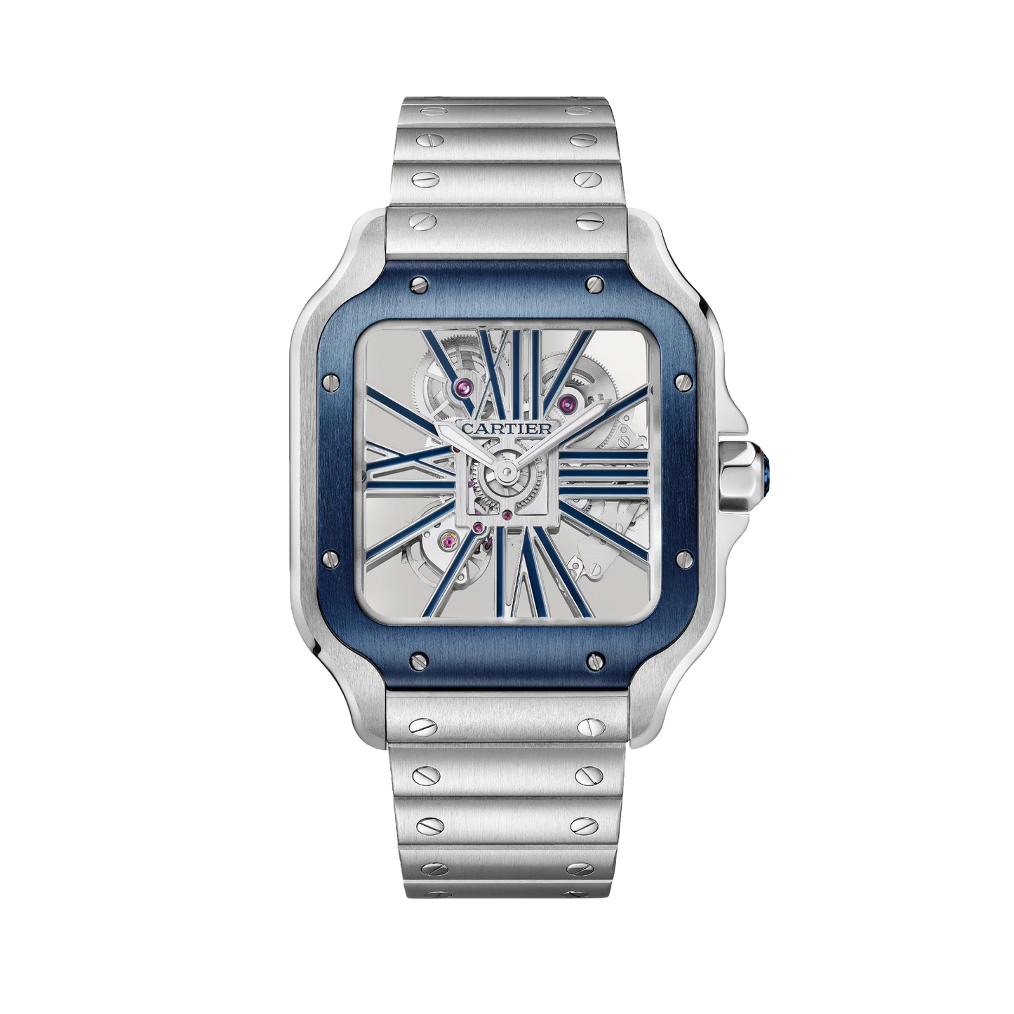 Cartier Santos de Cartier Skeleton Large WHSA0026 steel watch with blue bezel and skeleton dial