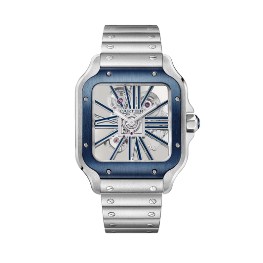 Cartier Santos de Cartier Skeleton Large WHSA0026 steel watch with blue bezel and skeleton dial
