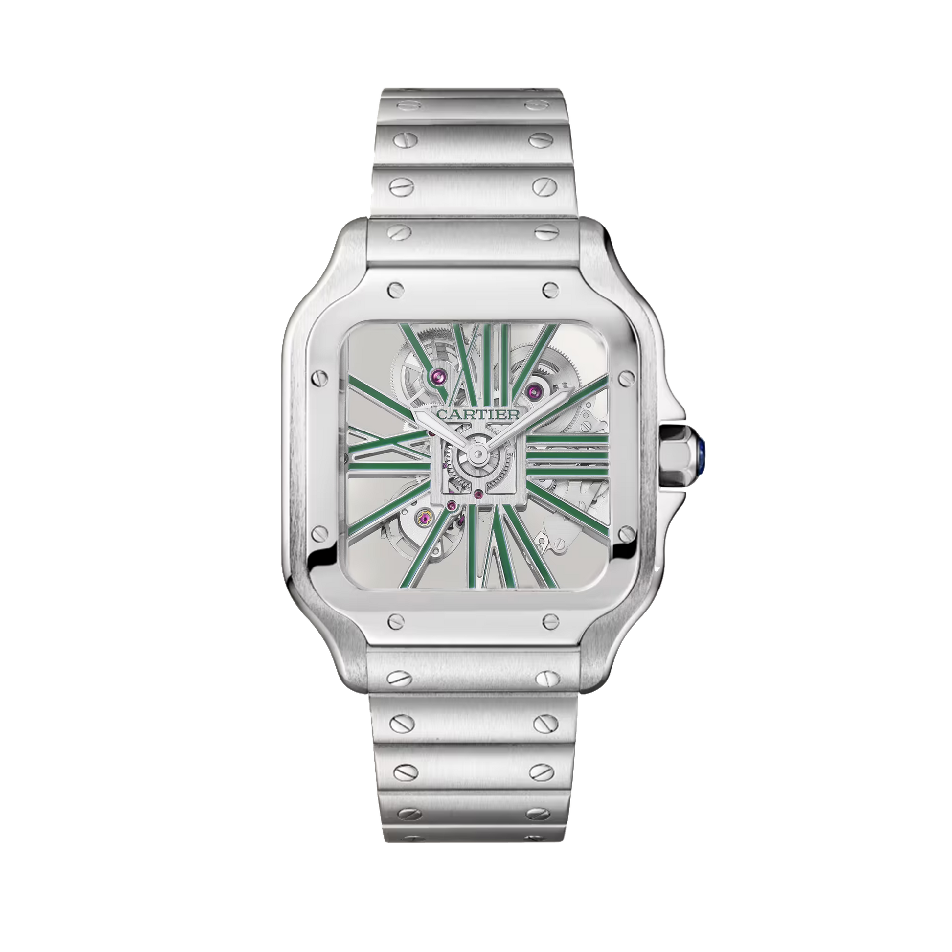 Cartier Santos de Cartier Skeleton Large WHSA0028 steel watch with green skeleton dial and steel bracelet