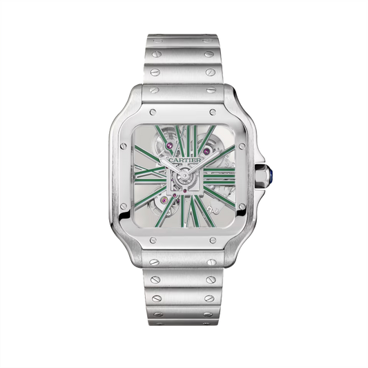 Cartier Santos de Cartier Skeleton Large WHSA0028 steel watch with green skeleton dial and steel bracelet