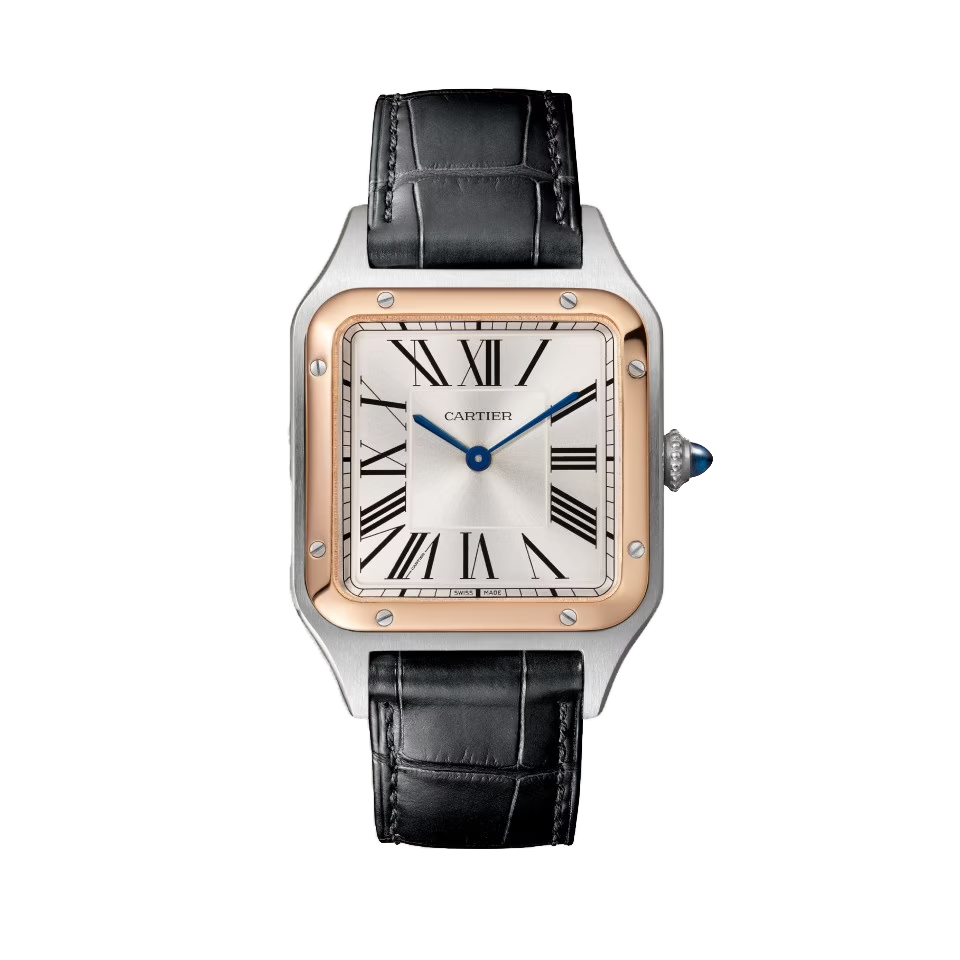 Cartier Santos-Dumont Large W2SA0011 steel and rose gold watch with silver dial and black leather strap