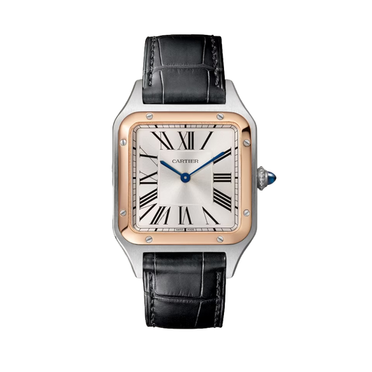 Cartier Santos-Dumont Large W2SA0011 steel and rose gold watch with silver dial and black leather strap