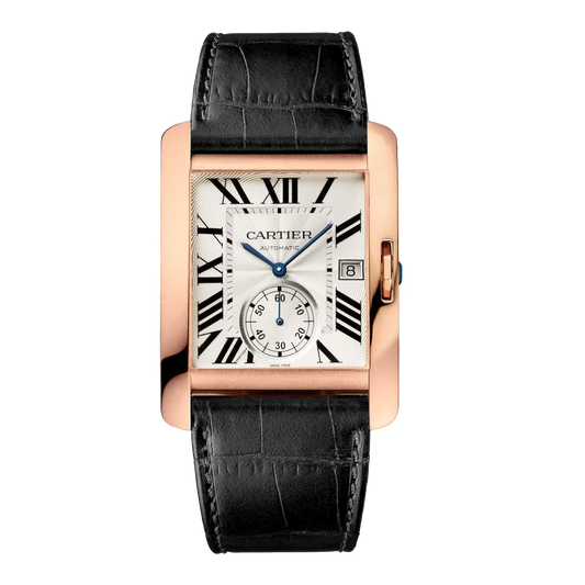 Cartier Tank Anglaise 3504 rose gold watch with silver guilloché dial and black leather strap