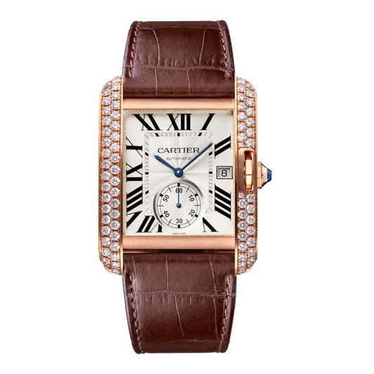 Cartier Tank Anglaise 3504 rose gold diamond watch with silver dial and brown leather strap