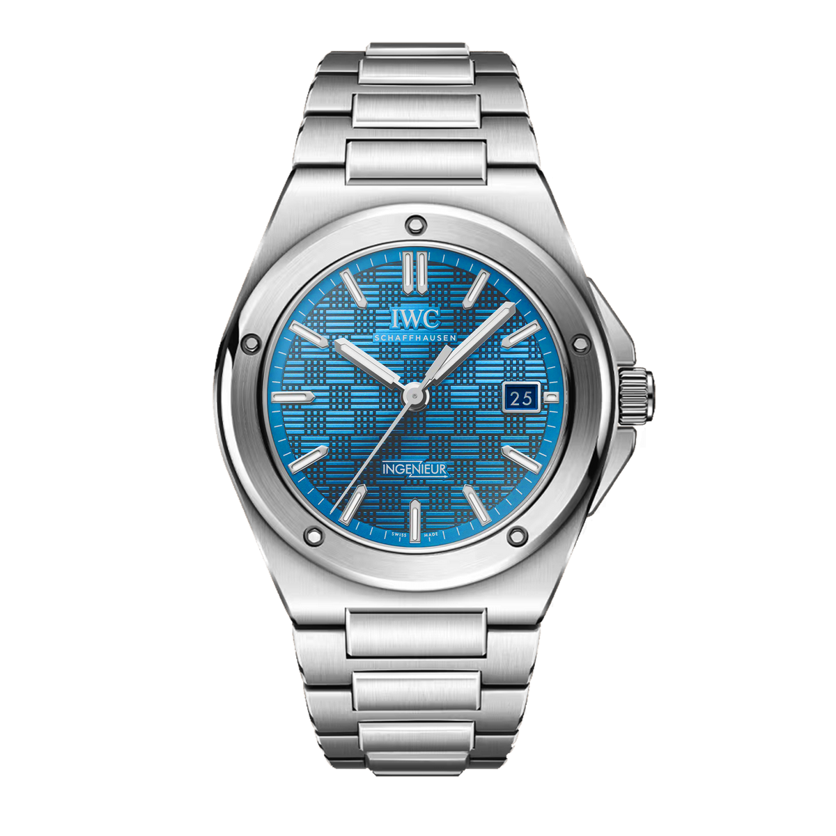 IWC Ingenieur Automatic 40 IW328903 stainless steel watch with aqua grid pattern dial and integrated steel bracelet