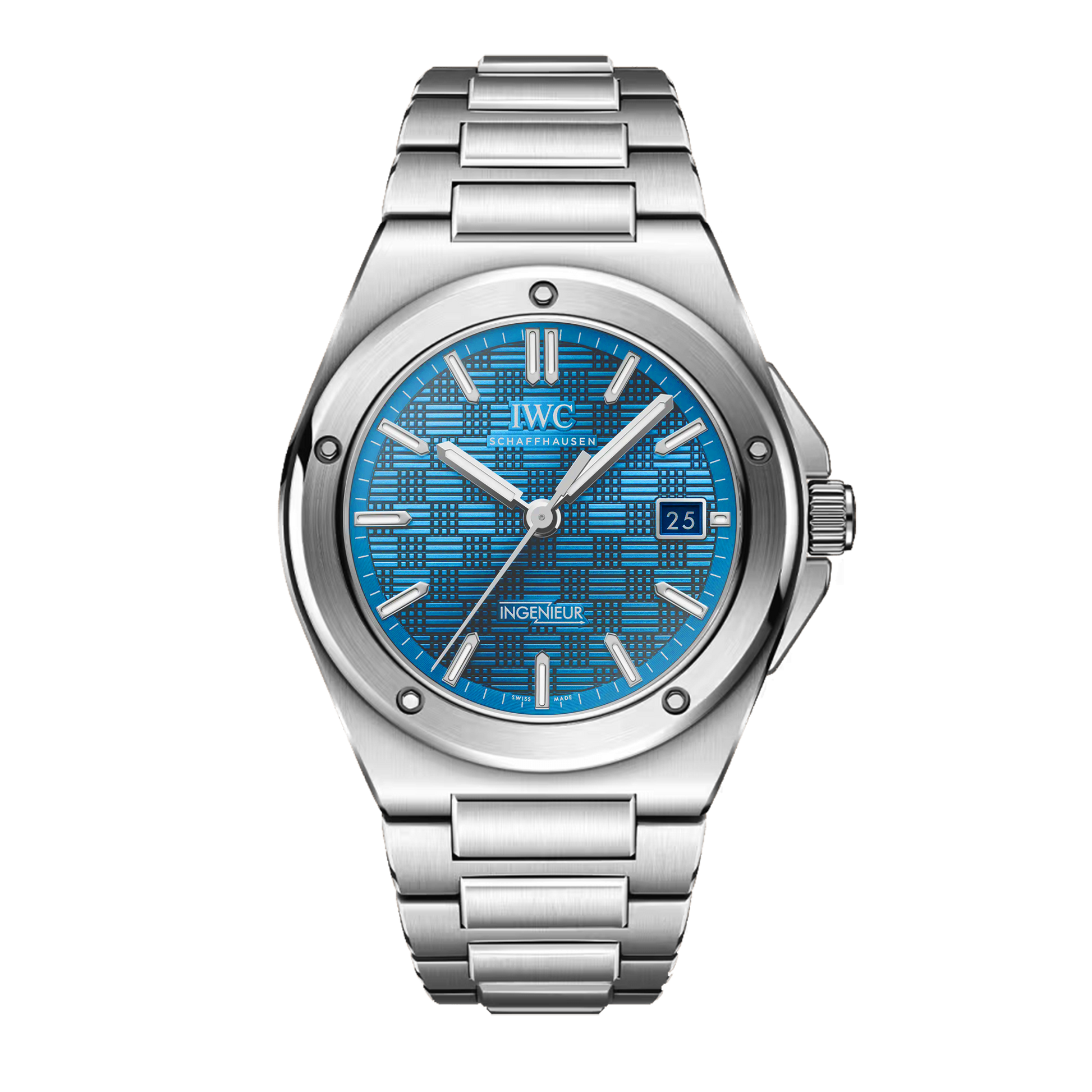 IWC Ingenieur Automatic 40 IW328903 stainless steel watch with aqua grid pattern dial and integrated steel bracelet
