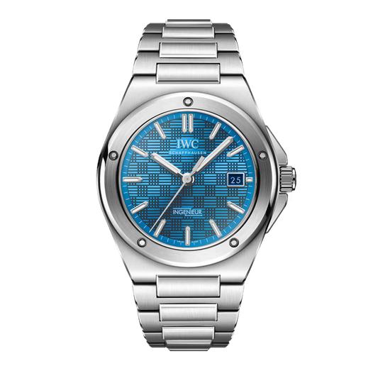 IWC Ingenieur Automatic 40 IW328903 stainless steel watch with aqua grid pattern dial and integrated steel bracelet